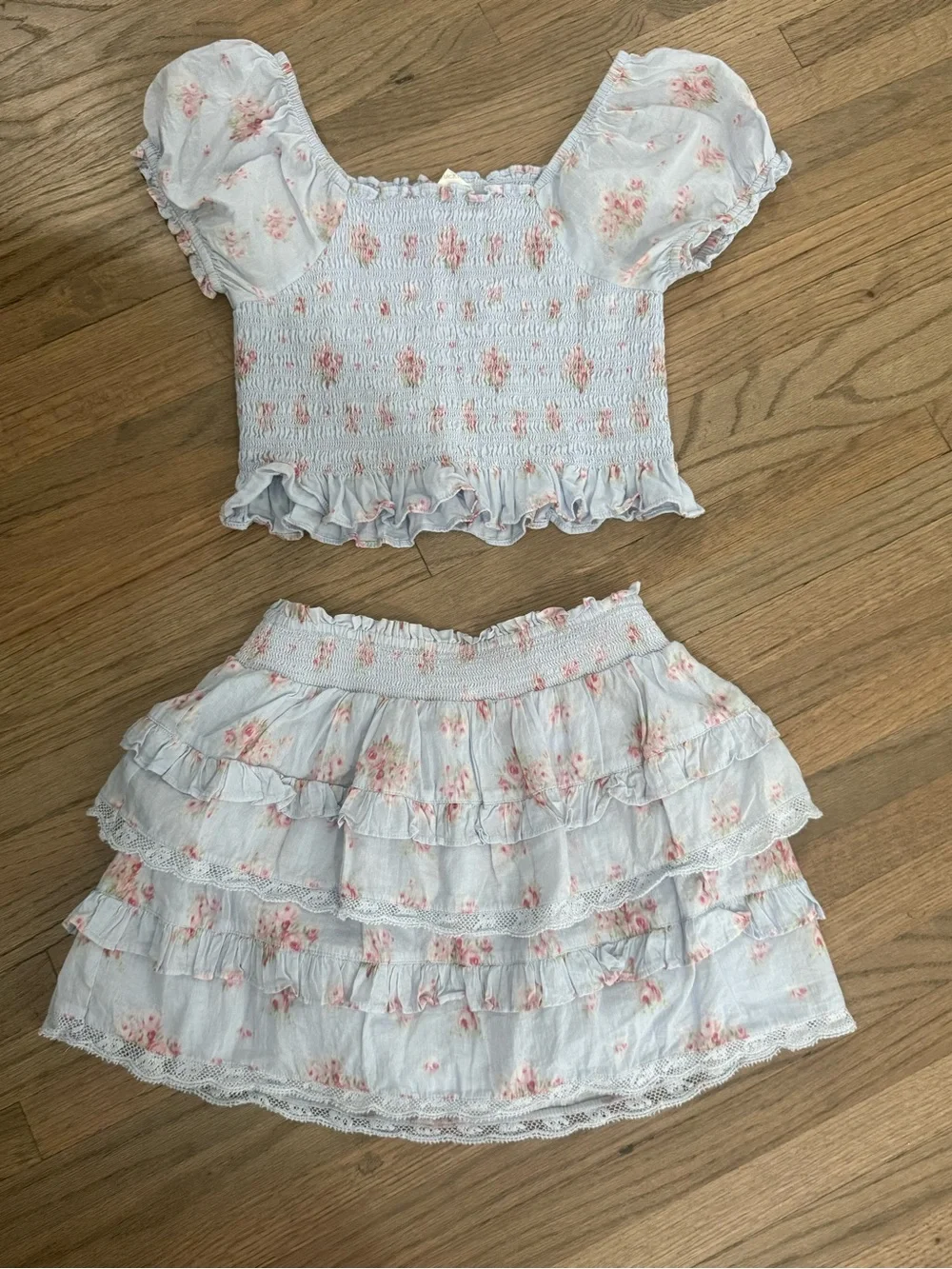 LoveShackFancy White Smocked Top and Pink Floral Tiered Skirt Set